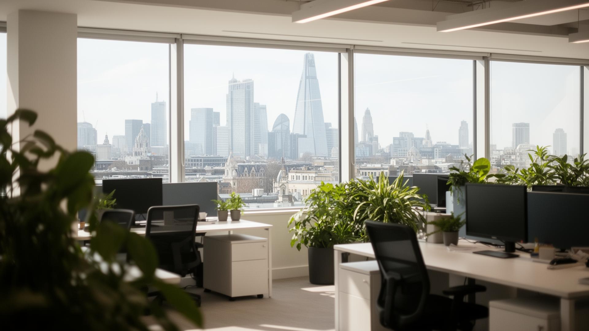 Interior of a modern London office overlooking the city skyline